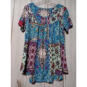 Blue Patchwork Shirt Ladies Large‎ short Sleeve Soft